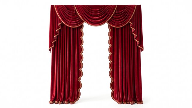 Luxurious red velvet curtains featuring elegant gold trim and decorative tassels isolated on white background