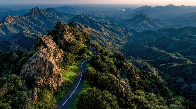 Winding road through mountain landscape.