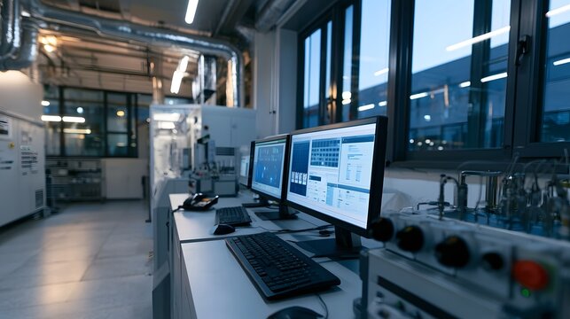 Modern industrial control room with multiple computer monitors displaying technical data and analysis panels  set against large with evening light