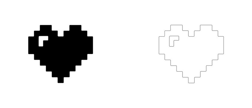 Pixel art heart life HP vector icon filled and outline, retro game health point and vitality symbol.