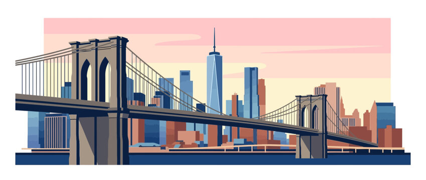 New York City Skyline Brooklyn Bridge Landmark Architecture Illustration