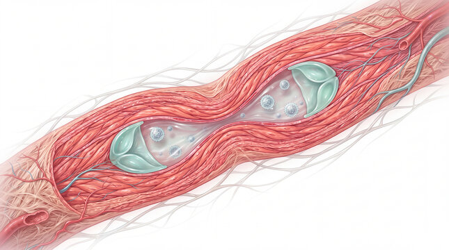 Lymphatic vessel anatomy with internal valves shown in a detailed medical illustration featuring smooth muscle tissue and fluid flow for biological and healthcare education