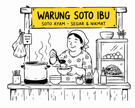 doodle illustration of ibu warung serving soto at roadside stall &mdash; local culture