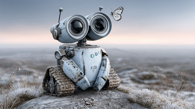 Curious Robot Stargazer in Bioluminescent Alien Twilight

