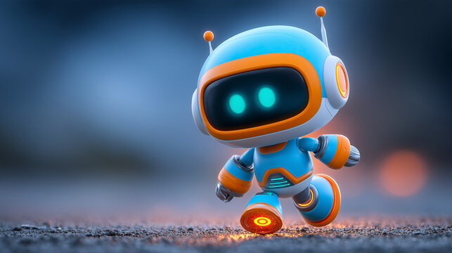 Adventurous 3D Explorer Robot Striding Holographic Map
