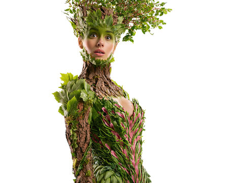 Dryad forest nymph with tree bark skin and green leaf headpiece isolated on transparent background PNG element