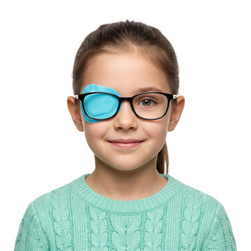 Young girl wearing an eye patch and glasses, isolated on transparent background