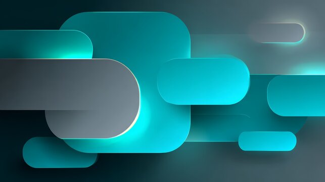Modern abstract background with overlapping 3D rounded rectangles in cyan and grey gradients with glowing edges.
