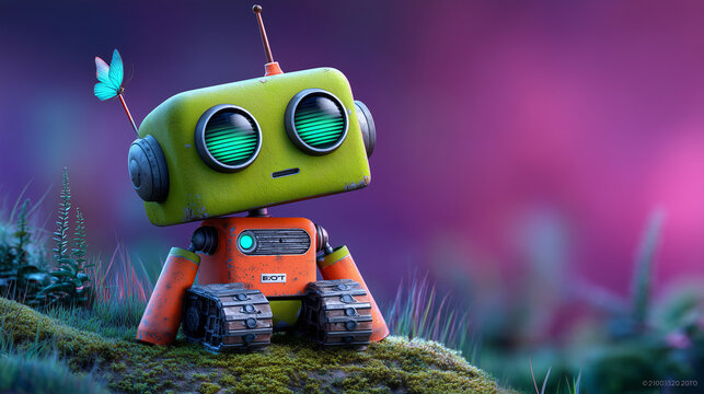 Curious Robot Stargazer in Bioluminescent Alien Twilight


