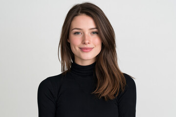 Obraz premium Junge Frau mit welligem braunem Haar im schwarzen Pullover lächelt vor weißem Hintergrund, realistisches Studioporträt für Unternehmenspräsentationen und Bewerbungsunterlagen.