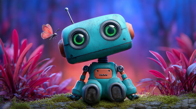 Curious Robot Stargazer in Bioluminescent Alien Twilight

