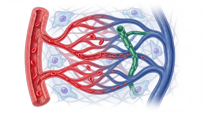 Capillary bed medical diagram of microcirculation showing arteriole, venule, lymphatic vessel, and tissue cells in colorful anatomical cross section for biology education