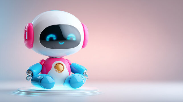 Cute 3D Robot Assistant Cross-Legged Holographic Cloud Product Photography

