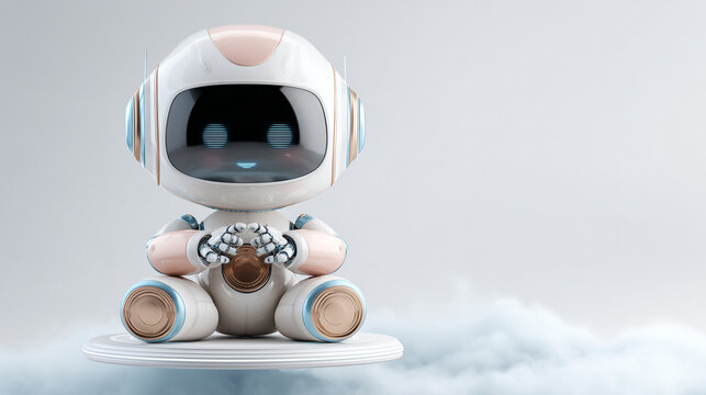 Cute 3D Robot Assistant Cross-Legged Holographic Cloud Product Photography

