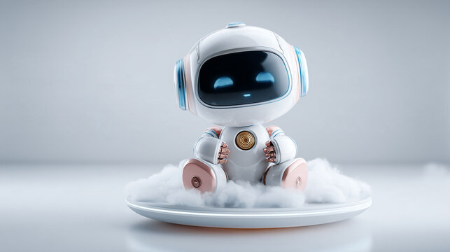 Cute 3D Robot Assistant Cross-Legged Holographic Cloud Product Photography


