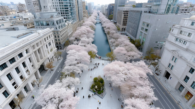 Aerial Cherry Blossom Avenue Spring Bloom Pedestrians Pastel Tunnel

