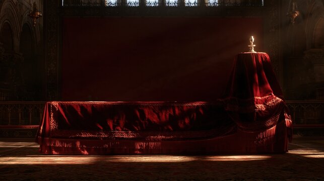 Simchat torah scroll mantle in deep burgundy velvet with a silver finial, resting in a quiet synagogue interior with copy space for banners