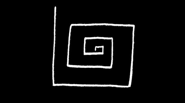Hand-drawn white chalk square spiral element drawing on alpha