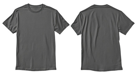 Front and back view of a plain charcoal grey cotton t-shirt isolated on white background with t...