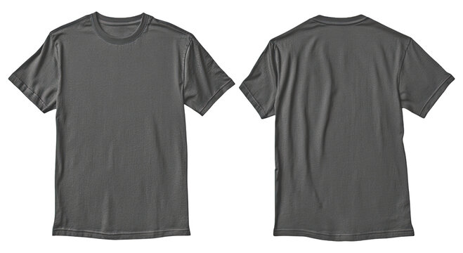 Front and back view of a plain charcoal grey cotton t-shirt isolated on white background with t shirt