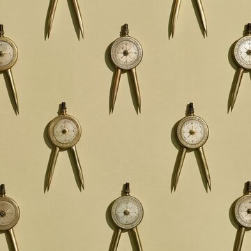 Brass compasses and dividers arranged in a symmetrical pattern on cream paper, featuring weathered textures for nautical and travel themes