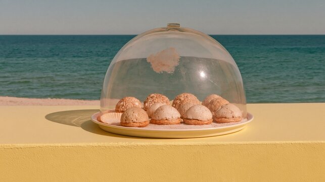 Glass cake dome containing beach pebbles and shells on a pale tray, arranged like pastries for coastal cafe and travel design with copy space