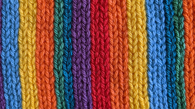 Bunt gestreifter Strickstoff mit vertikalen Streifen in Blau, Rot, Gelb und Gr&uuml;n, realistische Makroaufnahme, geeignet als Website-Hintergrund oder Social-Media-Post zum Thema Handarbeit.