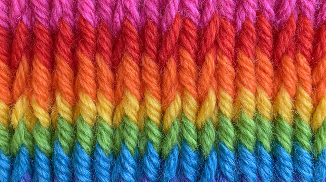 Regenbogenfarbene Wollf&auml;den in Nahaufnahme, lebendige Farbtextur, realistischer Stil f&uuml;r Bastelwerbung und Kreativkonzepte.