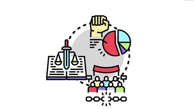 Majority rule concept displaying a raised fist, a pie chart representing votes, a scale of justice, and a group of people breaking free from chains, symbolizing independence and democracy