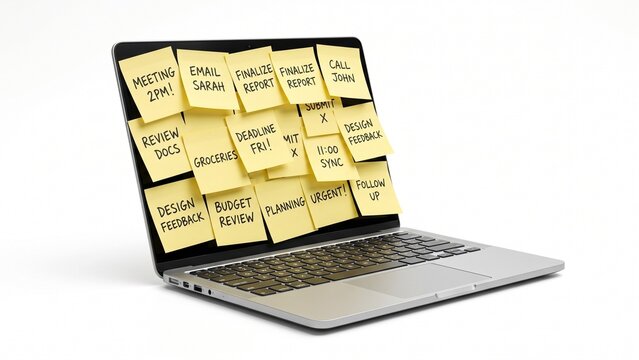 Laptop screen covered with numerous yellow sticky notes featuring important daily business tasks on white background