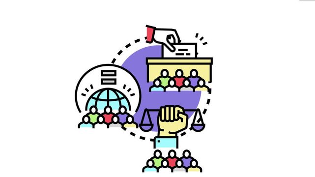 Group of diverse individuals participating in an electoral process, casting votes into a ballot box, balancing scales of justice, and demonstrating collective will for societal equity