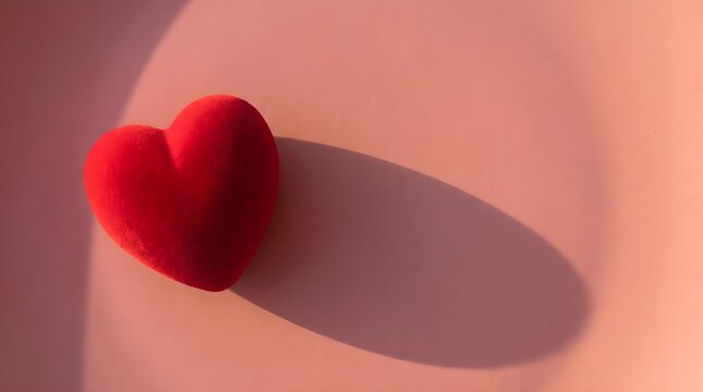 Minimal red heart on a soft pink background with dramatic shadow, representing love, romance and Valentine's Day.