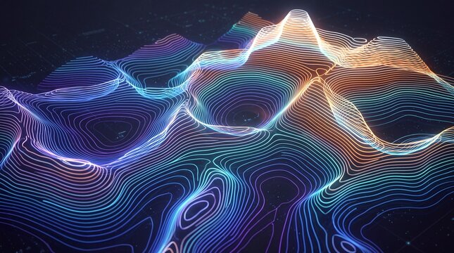Glowing topographic map visualization showing colorful data terrain lines rendered in a modern dark digital space