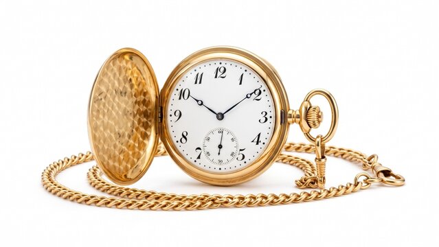 Antique gold pocket watch with intricate metal chain lying flat captured clearly on white background
