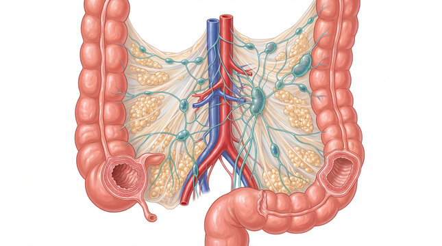 Colon anatomy illustration with mesentery showing lymph nodes, mesenteric blood vessels, and adipose tissue isolated on white for medical education, surgical science, and healthcare study