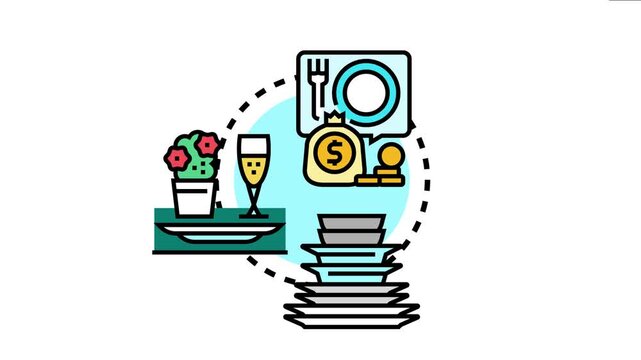Main site menu concept food ordering, dinner selection, restaurant reservation, and special event service with various dining elements and payment options
