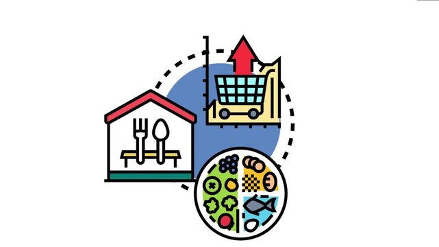 Main site menu concept different sections like online shopping with a cart and graph, food ordering from a restaurant, and various dietary options for health