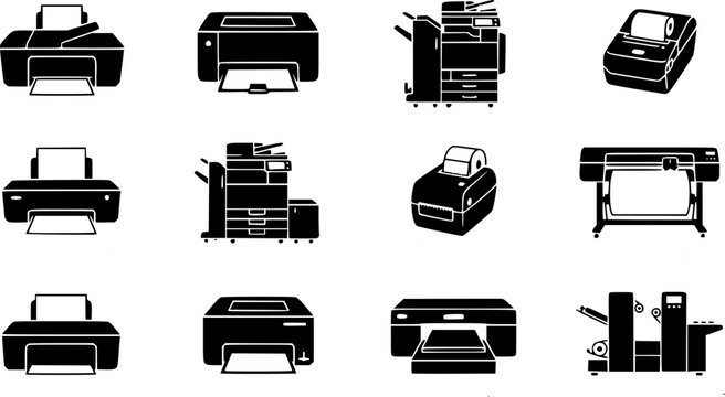 Printer and Printing Machine Silhouette Icon Set with Office, Laser, Inkjet, Thermal and Large Format Devices
