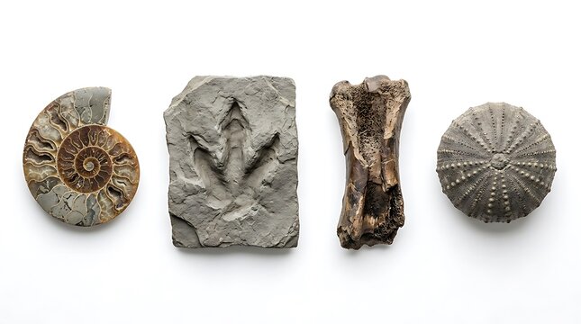 Set of four ancient dinosaur fossils including ammonite and footprint on stone