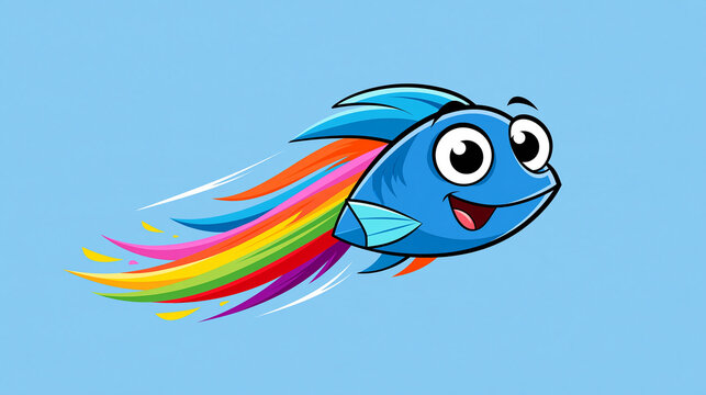 Fr&ouml;hlicher Cartoon-Fisch in Blau mit regenbogenfarbener Schleppe vor hellblauem Hintergrund, minimalistischer Stil f&uuml;r Kinderb&uuml;cher oder App-Icons.