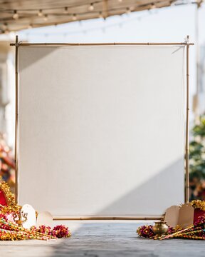 Blank unbleached cotton panel in a bamboo frame with traditional Navratri props and warm directional lighting, mockup with copy space for branding