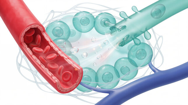 Lymphatic capillary draining interstitial fluid around tissue cells and red blood vessels in realistic 3D scientific render for biology education and medical publishing