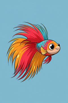 Roter Kampffisch mit farbenpr&auml;chtigen Flossen im Profil vor blauem Hintergrund, digitale Illustration f&uuml;r Aquaristik-Themen und Wandkunst.