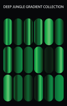 Deep jungle gradient collection, 18 green metallic color swatches for vector design. Emerald and forest green palette set. Dark nature tones for UI and branding.