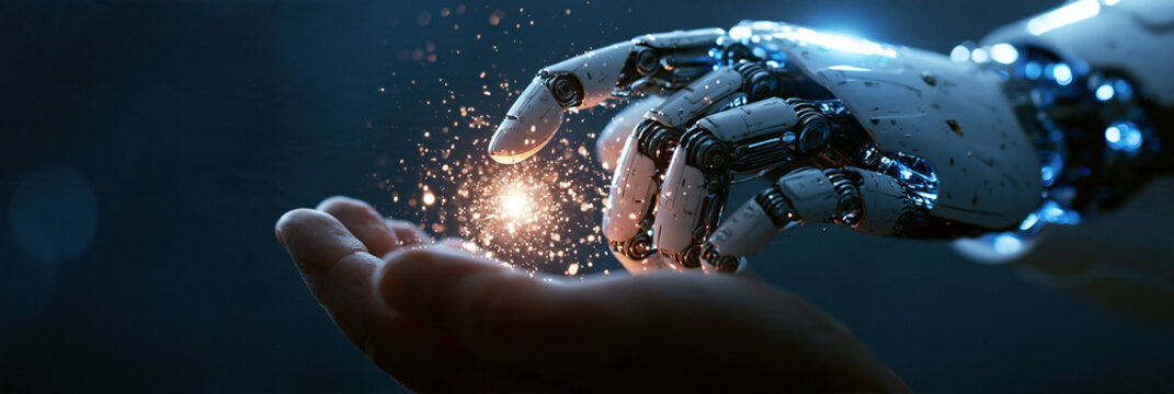 Mensch und Roboterhand ber&uuml;hren sich mit einem leuchtenden Lichtpunkt zwischen den Fingern, realistisches Symbolbild f&uuml;r k&uuml;nstliche Intelligenz und Mensch-Maschine-Interaktion.