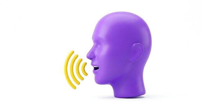 Purple human head icon speaking with yellow sound waves coming out of the mouth