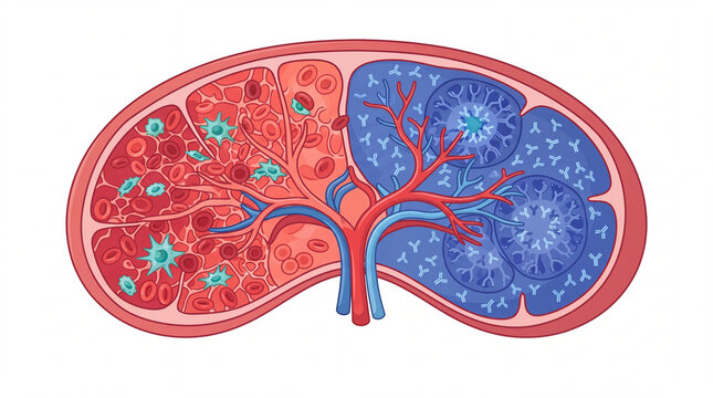 Spleen anatomy cross section diagram showing red and white pulp with splenic vessels and immune cells in bright red and blue colors for medical education and healthcare infographic