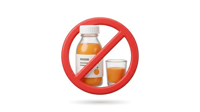 Orange juice bottle and glass with a red prohibition sign showing no drink allowed