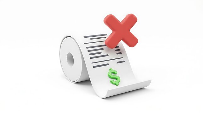 3d render of a paper bill receipt with a red cross mark and a green dollar sign symbol