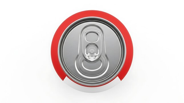 Top view of a red soda aluminum can with a silver metal pull tab for refreshing cold drinks